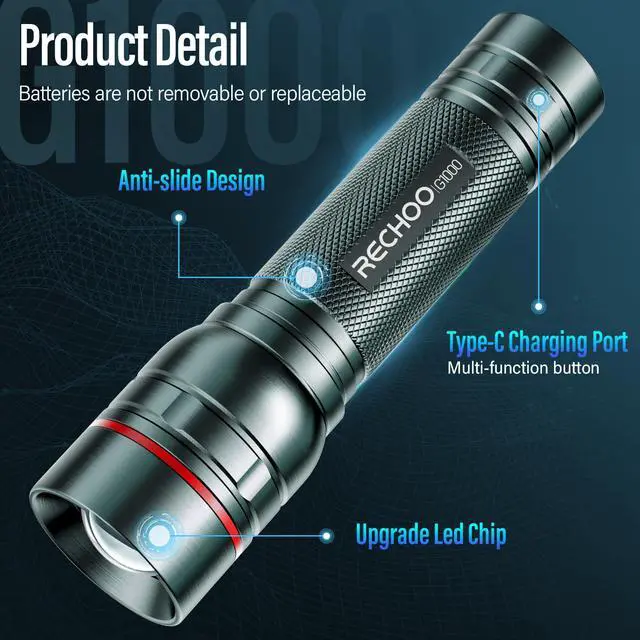 Alt view image 4 of 7 - Rechargeable Flashlights High Lumens, G1000 Super Bright Flash Light Grey, Small Zoomable LED Flashlight with 3 Lighting Modes, Portable Tactical Flashlight for Camping Essentials (Battery Included)