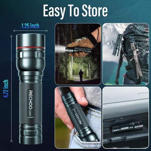 Alt view image 6 of 7 - Rechargeable Flashlights High Lumens, G1000 Super Bright Flash Light Grey, Small Zoomable LED Flashlight with 3 Lighting Modes, Portable Tactical Flashlight for Camping Essentials (Battery Included)