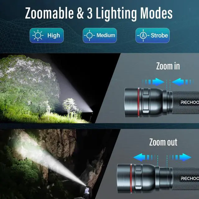 Alt view image 2 of 7 - Rechargeable Flashlights High Lumens, G1000 Super Bright Flash Light Grey, Small Zoomable LED Flashlight with 3 Lighting Modes, Portable Tactical Flashlight for Camping Essentials (Battery Included)