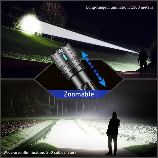 Alt view image 3 of 6 - Rechargeable Flashlights High Lumens, High Powered 20000 Lumen Flashlight with 5000mAh Battery, LCD Display, 5 Modes, Zoomable, IP67 Waterproof, LED Flash Light for Camping, Dog Walking