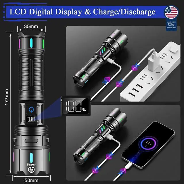 Alt view image 4 of 6 - Rechargeable Flashlights High Lumens, High Powered 20000 Lumen Flashlight with 5000mAh Battery, LCD Display, 5 Modes, Zoomable, IP67 Waterproof, LED Flash Light for Camping, Dog Walking
