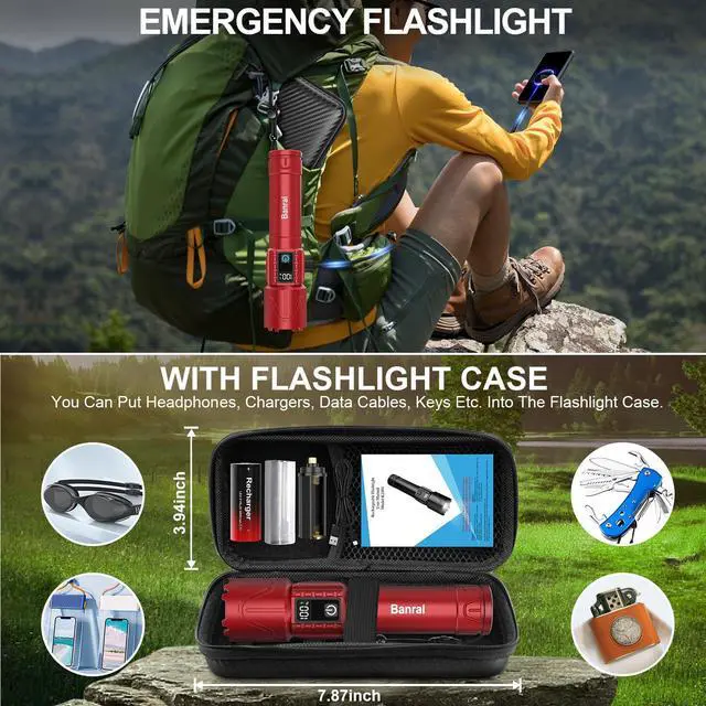 Alt view image 4 of 5 - Rechargeable Tactical Flashlights 2000 High Lumens - 5000mAh Super Bright LED Powerful Flash Light, Waterproof Handheld USB C Flashlight for Home,Car,Camping,Emergencies,5 Modes,Zoomable (1, Red)
