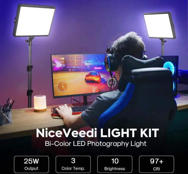 Alt view image 2 of 7 - 2-Pack Photography Lighting Kit, NiceVeedi 25W LED Video Light Kit, 2900-7000K Dimmable Studio Light with Tripod Stand, 73" Stream Light for Video Recording