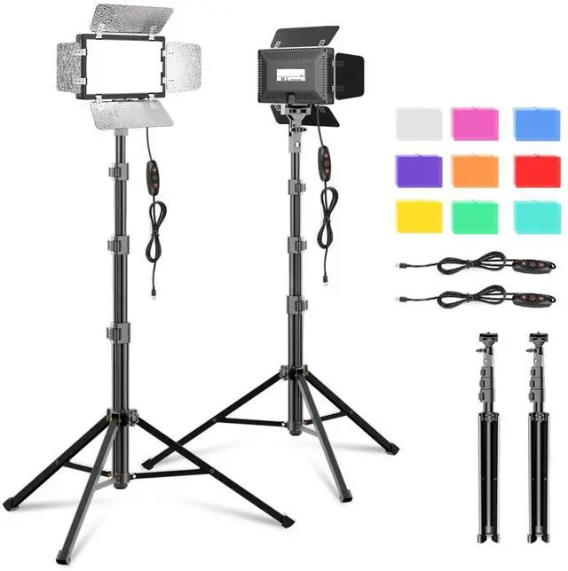 Main image of 2 Pack LED Video Photography Lighting Kit with 54'' Tripod Stand, Dimmable 5600K USB Studio Lights with Barndoor -9 Color Lighting for Video Recording, Photo Studios, YouTube, TikTok, Game Streaming