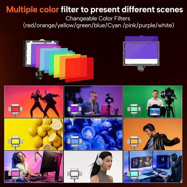 Alt view image 4 of 7 - 2 Pack LED Video Photography Lighting Kit with 54'' Tripod Stand, Dimmable 5600K USB Studio Lights with Barndoor -9 Color Lighting for Video Recording, Photo Studios, YouTube, TikTok, Game Streaming