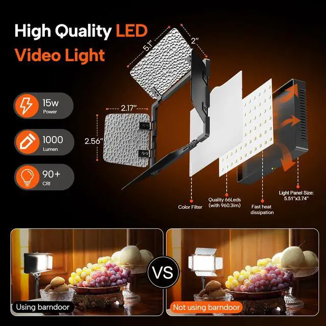 Alt view image 2 of 7 - 2 Pack LED Video Photography Lighting Kit with 54'' Tripod Stand, Dimmable 5600K USB Studio Lights with Barndoor -9 Color Lighting for Video Recording, Photo Studios, YouTube, TikTok, Game Streaming