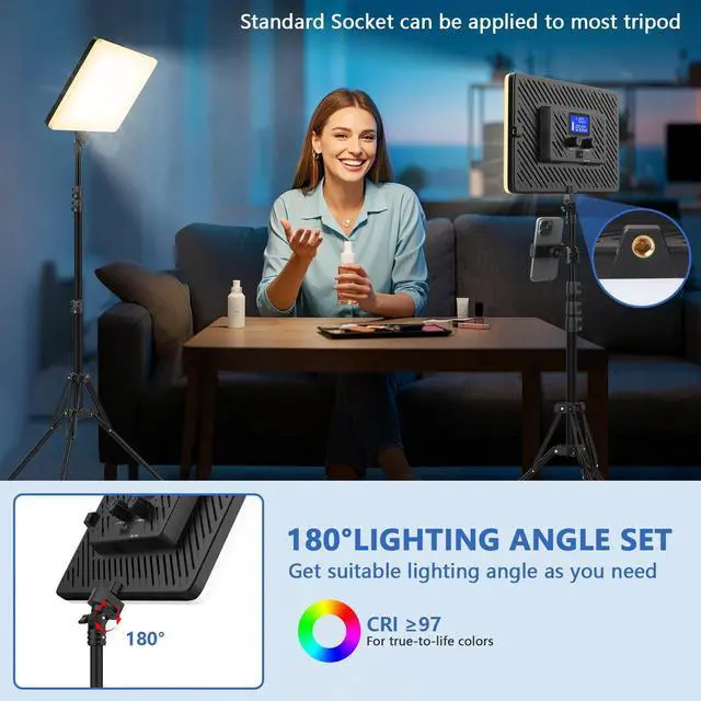 Alt view image 4 of 5 - Led Video Light Panel Lighting Kit, 2-Pack Bi-Color Photography Lighting with 63'' Tripods Stand, Built-in 8000mAh Battery, 2500-8500K Studio Light for Live Streaming/Outdoor Indoor/Tiktok