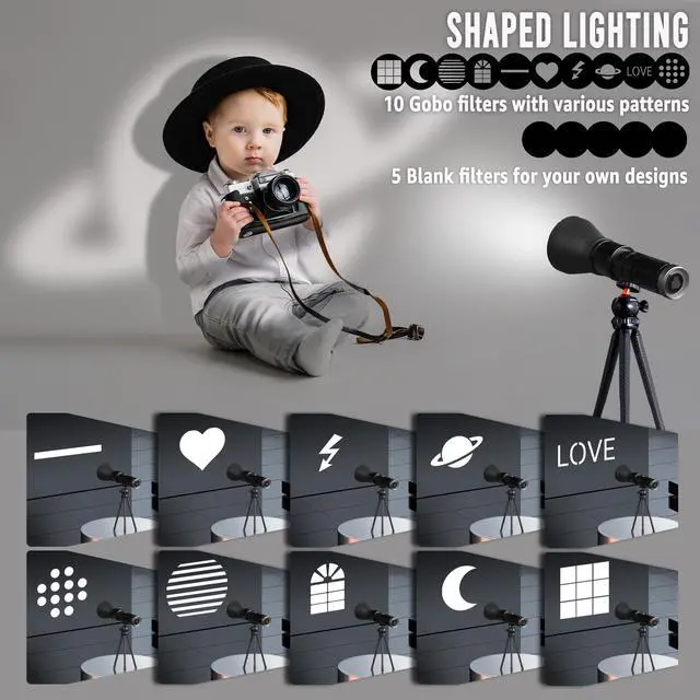 Alt view image 3 of 7 - 4-Color Handheld Photography Lighting Kit with 15 GOBO Filters & Tripod, 6000mAh Rechargeable Photography Flashlight with Diffusion, Zoomable Lighting for Video Recording/Sunset