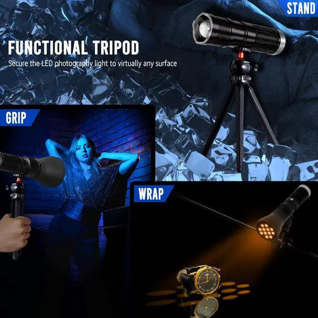Alt view image 6 of 7 - 4-Color Handheld Photography Lighting Kit with 15 GOBO Filters & Tripod, 6000mAh Rechargeable Photography Flashlight with Diffusion, Zoomable Lighting for Video Recording/Sunset