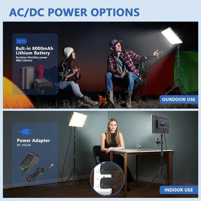 Alt view image 3 of 5 - Led Video Light Panel Lighting Kit, 2-Pack Bi-Color Photography Lighting with 63'' Tripods Stand, Built-in 8000mAh Battery, 2500-8500K Studio Light for Live Streaming/Outdoor Indoor/Tiktok