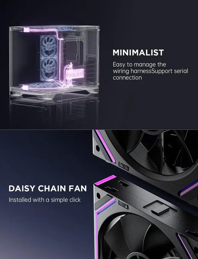 Alt view image 2 of 6 - Dawn 120mm Case Fan, ARGB PWM 1850RPM/71CFM Airflow, Forward & Reverse Blade Design, Low Noise, Precision HDB Bearings High Performance UNI PC Fan Modular Daisy Chain
