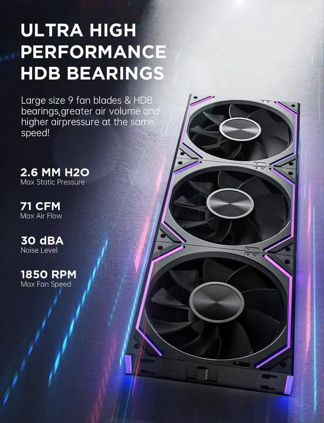 Alt view image 4 of 6 - Dawn 120mm Case Fan, ARGB PWM 1850RPM/71CFM Airflow, Forward & Reverse Blade Design, Low Noise, Precision HDB Bearings High Performance UNI PC Fan Modular Daisy Chain