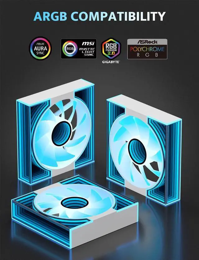 Alt view image 4 of 7 - DM8 3-Pack 120mm PC Case Fan, Infinity Mirror Case Fans, PWM ARGB Sync, 1600RPM High Airflow 56CFM, Low Noise 32.5dBA, Computer Case Cooler Fan (White, Forward)