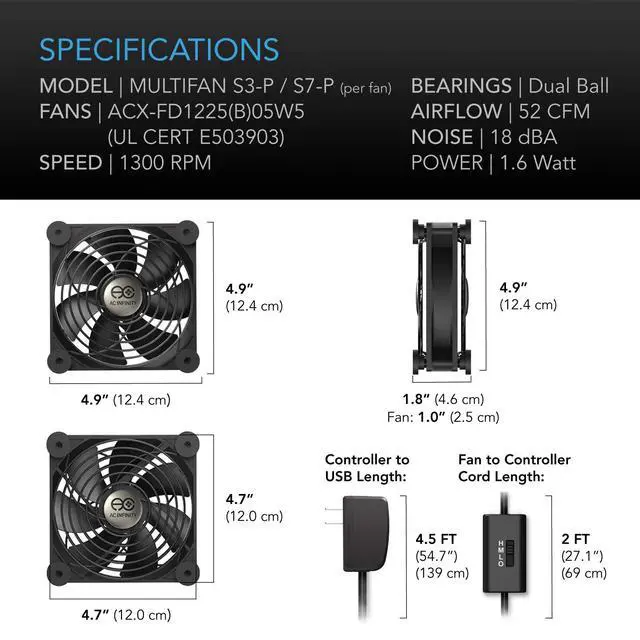 Alt view image 6 of 7 - S7-P, Quiet Dual 120mm AC-Powered Fan with Speed Control, UL-Certified for Receiver DVR PlayStation Xbox Component Cooling