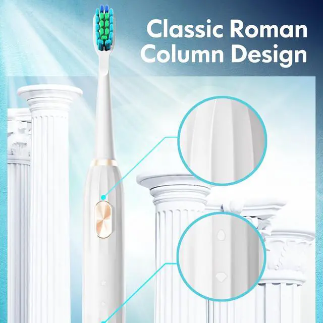 Alt view image 3 of 6 - Electric Toothbrush for Adults and Kids, Ultrasonic Toothbrush Rechargeable with 9 Brush Heads, 5 Modes and 2 Minutes Smart Timer, 4Hours Charge for 60 Days, Roman Column Handle (White)