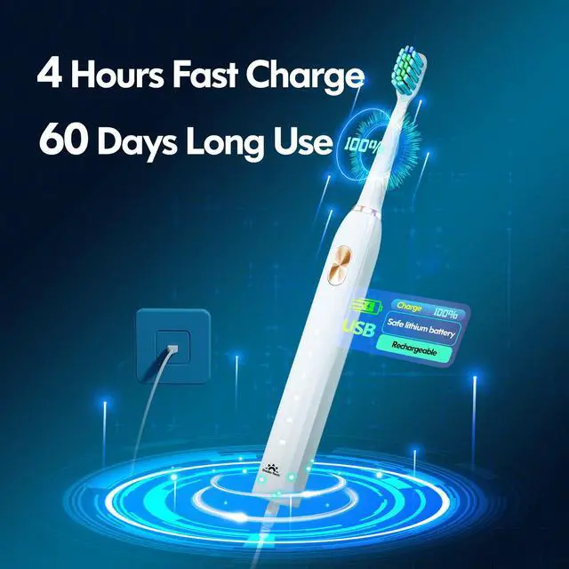 Alt view image 6 of 6 - Electric Toothbrush for Adults and Kids, Ultrasonic Toothbrush Rechargeable with 9 Brush Heads, 5 Modes and 2 Minutes Smart Timer, 4Hours Charge for 60 Days, Roman Column Handle (White)