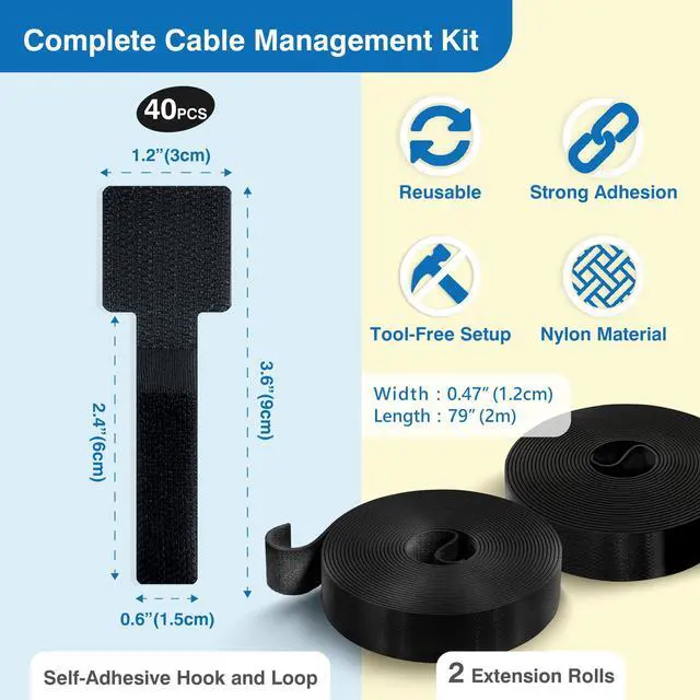 Alt view image 2 of 6 - Cable Management Kit 40 Self-Adhesive Hook & Loop Cable Ties with 2 Extension Straps, Strong Adhesive Cord Organizer for Desk, Wall, Home & Office Adjustable Wire Holders (Black)