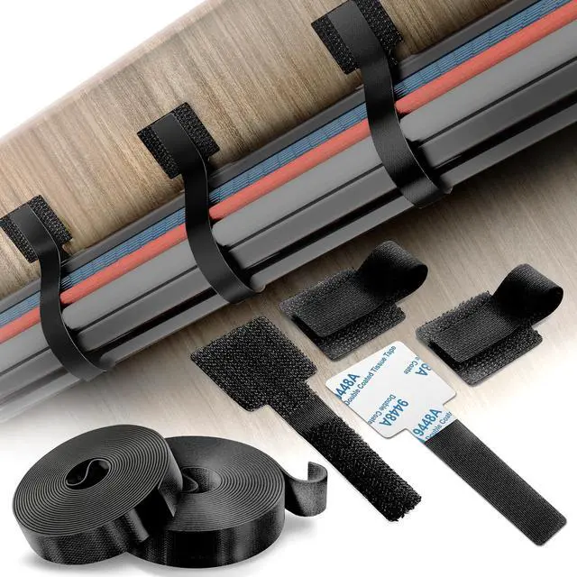 Main image of Cable Management Kit 40 Self-Adhesive Hook & Loop Cable Ties with 2 Extension Straps, Strong Adhesive Cord Organizer for Desk, Wall, Home & Office Adjustable Wire Holders (Black)