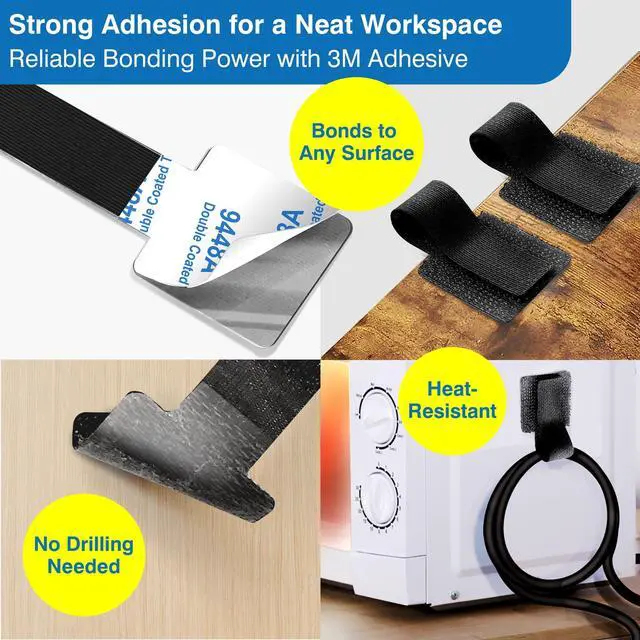 Alt view image 3 of 6 - Cable Management Kit 40 Self-Adhesive Hook & Loop Cable Ties with 2 Extension Straps, Strong Adhesive Cord Organizer for Desk, Wall, Home & Office Adjustable Wire Holders (Black)