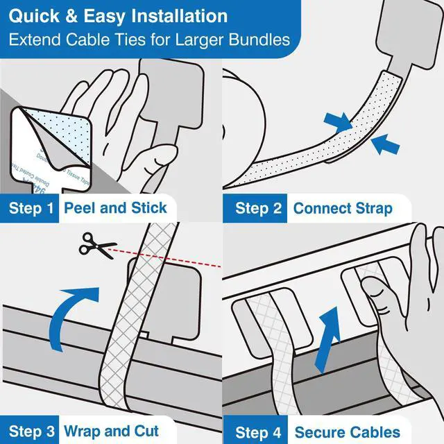 Alt view image 6 of 6 - Cable Management Kit 40 Self-Adhesive Hook & Loop Cable Ties with 2 Extension Straps, Strong Adhesive Cord Organizer for Desk, Wall, Home & Office Adjustable Wire Holders (Black)