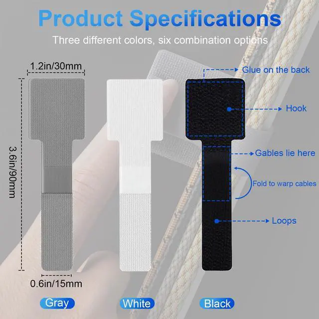 Alt view image 3 of 7 - 80Pcs Hook and Loop Cable Ties Under Desk Cable Management Adhesive Strips for Cord Hider Wire Organizer Computer Accessories for Desk Home Office Organization Essentials - 40 Black + 40 White