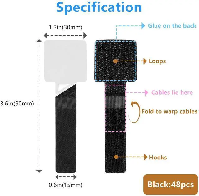 Alt view image 2 of 6 - 48Pcs Upgraded Under Desk Cable Management Ties - Self Adhesive Sticky Back Hook and Loop Straps, Cable Wire Organizers for Home Office