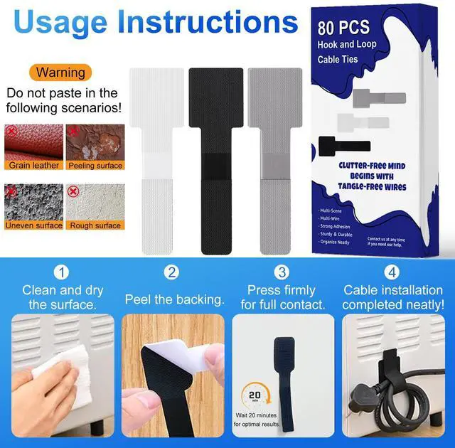 Alt view image 4 of 7 - 80Pcs Hook and Loop Cable Ties Under Desk Cable Management Adhesive Strips for Cord Hider Wire Organizer Computer Accessories for Desk Home Office Organization Essentials - 40 Black + 40 White