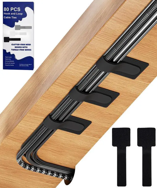 Main image of 80PCS Hook and Loop Cable Ties, Under Desk Cable Management, Adhesive Cable Straps, Cord Management Hider Idea, Cord Organizer for Desk, Computer Accessories, Home Office Organization, Black