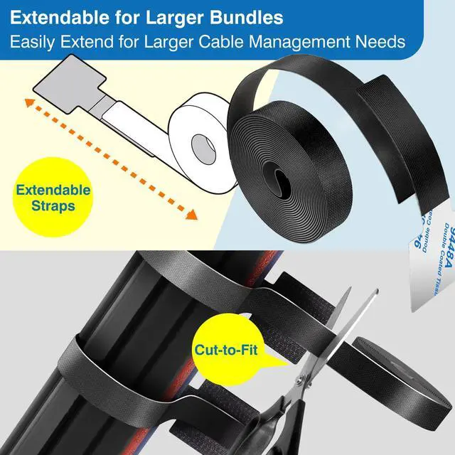 Alt view image 4 of 6 - Cable Management Kit 40 Self-Adhesive Hook & Loop Cable Ties with 2 Extension Straps, Strong Adhesive Cord Organizer for Desk, Wall, Home & Office Adjustable Wire Holders (Black)