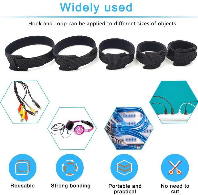 Alt view image 5 of 7 - 100pcs Reusable Cable Ties - Hook and Loop Cable Straps for Wire Management - 6 Inch Adjustable Cord Organizer & Wire Ties for Electronics, PC, Home Office & Garden - Black Fastening Wraps