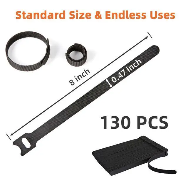 Alt view image 6 of 7 - 130PCS Reusable Cable Ties with Hook and Loop, Multi-purpose Adjustable 8 Inch Cable Management Wire Ties Cable Straps for Organizing Home, Office and Data Centers, Black