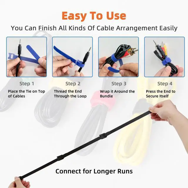 Alt view image 4 of 7 - 130PCS Reusable Cable Ties with Hook and Loop, Multi-purpose Adjustable 8 Inch Cable Management Wire Ties Cable Straps for Organizing Home, Office and Data Centers, Black