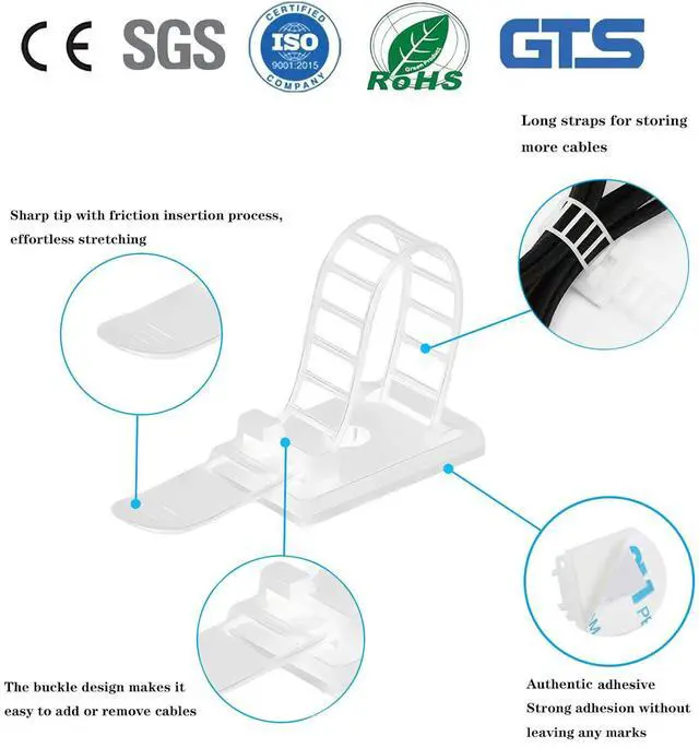 Alt view image 3 of 7 - Cable Ties Cable Clips Wire Management Cord Clips Under,Desk Cable Management Reusable Zip Ties Wire Organizer Under Desk 100 packs (White)