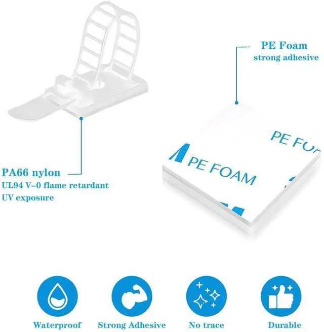 Alt view image 4 of 7 - Cable Ties Cable Clips Wire Management Cord Clips Under,Desk Cable Management Reusable Zip Ties Wire Organizer Under Desk 100 packs (White)