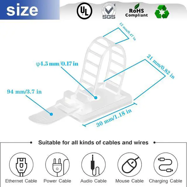 Alt view image 2 of 7 - Cable Ties Cable Clips Wire Management Cord Clips Under,Desk Cable Management Reusable Zip Ties Wire Organizer Under Desk 100 packs (White)