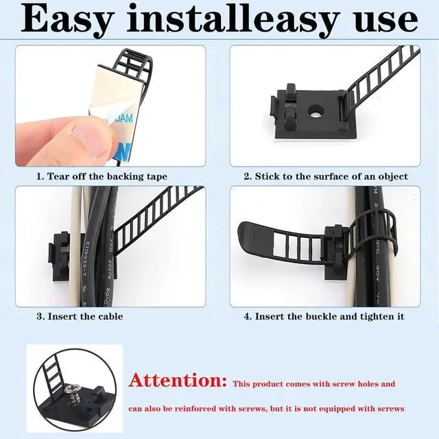 Alt view image 5 of 7 - Cable Ties Cable Clips Wire Management Cord Clips Under,Desk Cable Management Reusable Zip Ties Wire Organizer Under Desk 100 packs (White)