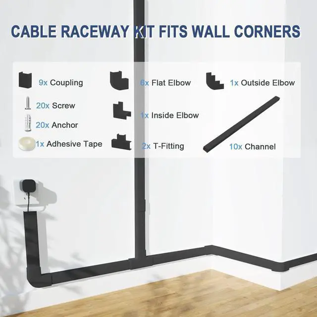 Alt view image 5 of 7 - Cord Cover Raceway Kit - 157" Cable Concealer, Wire Hider for TV Wall Mounting and Wire Management, Black