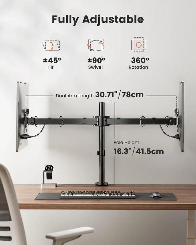 Alt view image 3 of 7 - Dual Monitor Stand, Heavy Duty Adjustable Monitor Desk Mount for 2 Screens up to 32 Inches, Fully Adjustable Height, Tilt, Swivel, Rotate, Supports 17.6 lbs per Monitor Arm, Easy Installation