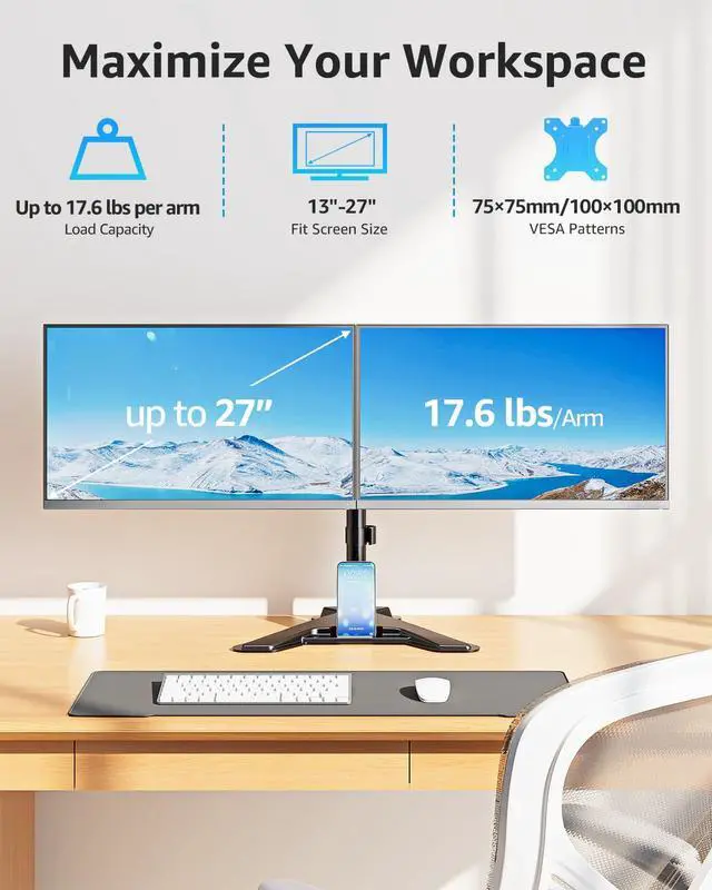 Alt view image 2 of 7 - Dual Monitor Stand - Freestanding & Height Adjustable Monitor Desk Mount, Steady VESA Mount Holds Max 17.6 lbs, Computer Monitor Stand for 2 Screens up to 27 inches, for Home Office