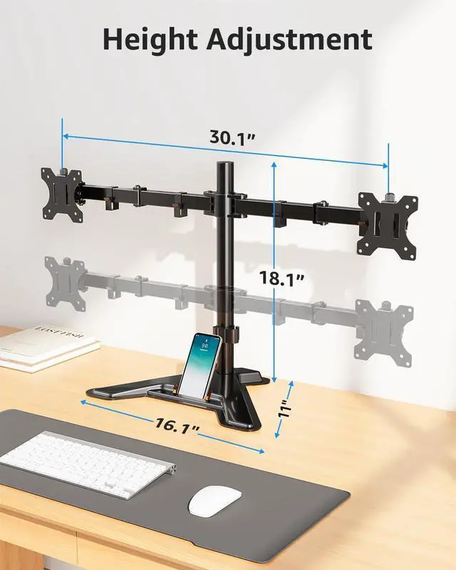 Alt view image 3 of 7 - Dual Monitor Stand - Freestanding & Height Adjustable Monitor Desk Mount, Steady VESA Mount Holds Max 17.6 lbs, Computer Monitor Stand for 2 Screens up to 27 inches, for Home Office