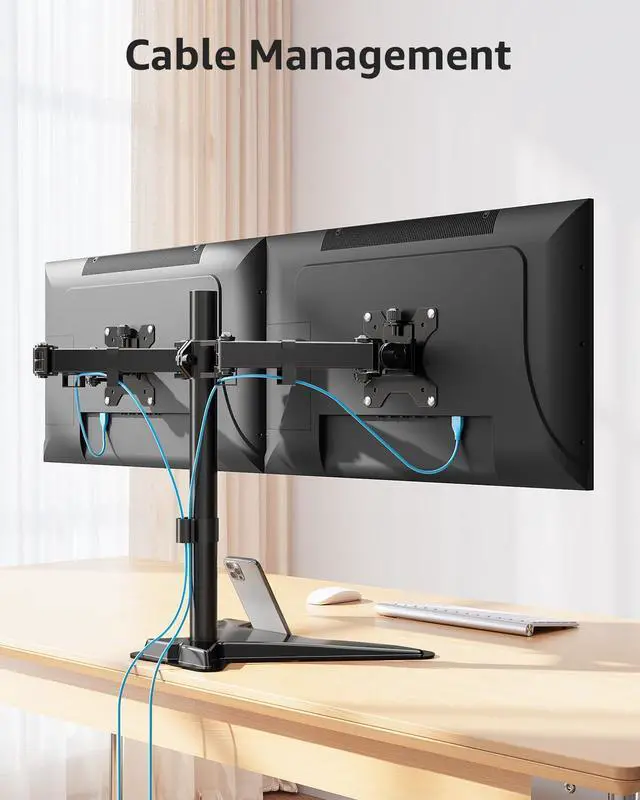 Alt view image 7 of 7 - Dual Monitor Stand - Freestanding & Height Adjustable Monitor Desk Mount, Steady VESA Mount Holds Max 17.6 lbs, Computer Monitor Stand for 2 Screens up to 27 inches, for Home Office