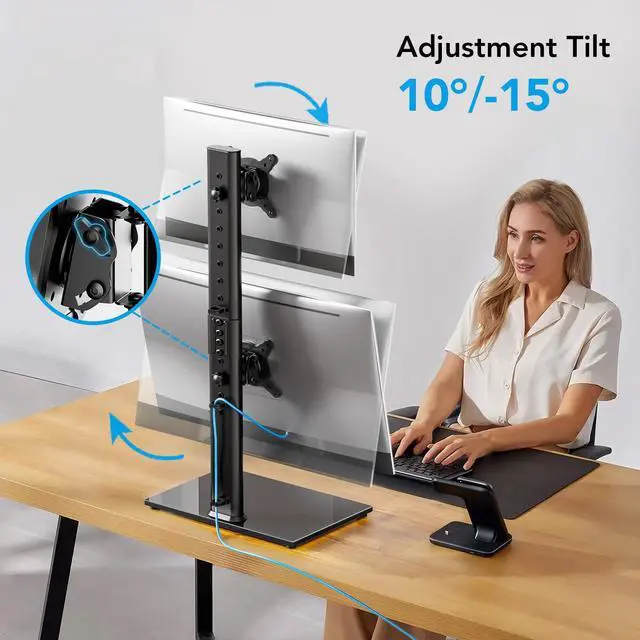 Alt view image 5 of 7 - Dual Monitor Stand Vertical Stack Screen Free-Standing Desk Mount Arm Riser Fits Two 13 to 34 Inch Computer Monitors with Swivel,Tilt, Height Adjustable,VESA Stand 100x100mm, 75x75mm AX05TB02