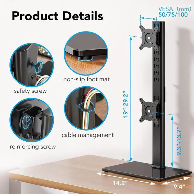 Alt view image 6 of 7 - Dual Monitor Stand Vertical Stack Screen Free-Standing Desk Mount Arm Riser Fits Two 13 to 34 Inch Computer Monitors with Swivel,Tilt, Height Adjustable,VESA Stand 100x100mm, 75x75mm AX05TB02
