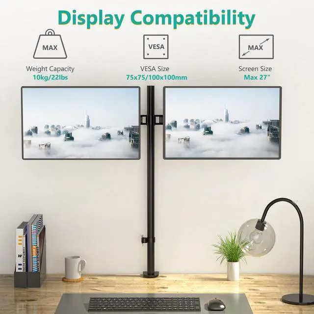 Alt view image 2 of 7 - Extra Tall Dual LCD Monitor Fully Adjustable Desk Mount Fits 2 Screens up to 27 inch, 22 lbs. Weight Capacity per Arm (M002XL), Black