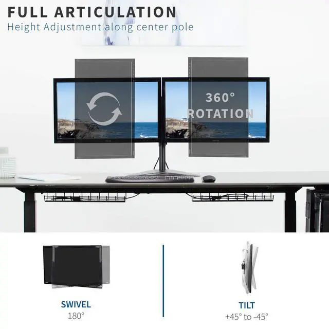 Alt view image 4 of 7 - Dual 13 to 30 inch Monitor Free-Standing Mount, Fully Adjustable Desk Stand, Holds 2 Flat or Curved Display Screens, STAND-V102F