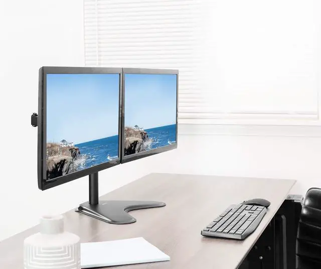 Alt view image 2 of 7 - Dual 13 to 30 inch Monitor Free-Standing Mount, Fully Adjustable Desk Stand, Holds 2 Flat or Curved Display Screens, STAND-V102F