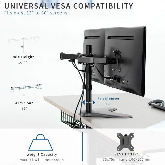 Alt view image 3 of 7 - Dual 13 to 30 inch Monitor Free-Standing Mount, Fully Adjustable Desk Stand, Holds 2 Flat or Curved Display Screens, STAND-V102F