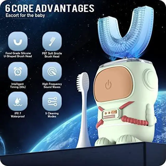 Alt view image 2 of 7 - Ultrasonic Kid's U-Shaped Electric Toothbrush, IPX7 Waterproof, Five Cleaning Modes, Cartoon Astronaut, 60S Smart Reminder (6-12 Age (Green))