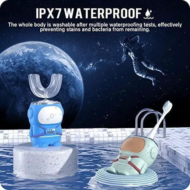 Alt view image 6 of 7 - Ultrasonic Kid's U-Shaped Electric Toothbrush, IPX7 Waterproof, Five Cleaning Modes, Cartoon Astronaut, 60S Smart Reminder (6-12 Age (Green))