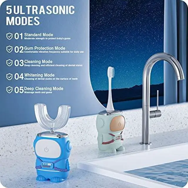 Alt view image 3 of 7 - Ultrasonic Kid's U-Shaped Electric Toothbrush, IPX7 Waterproof, Five Cleaning Modes, Cartoon Astronaut, 60S Smart Reminder (6-12 Age (Green))